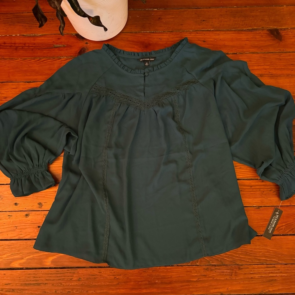 Zac & Rachel Dark Teal Peasant Lace Details Long Bell Sleeve Top Size 2X NWT - Picture 4 of 13